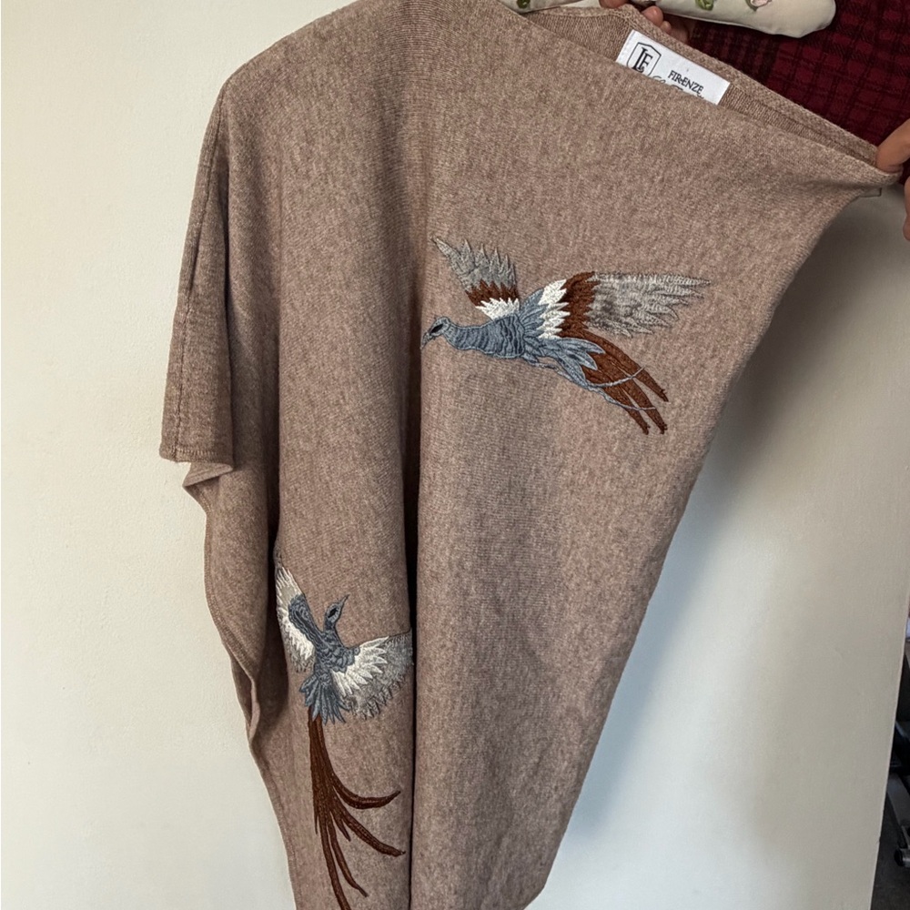 La Fiorentina Tan Shawl with Floral Embroidery